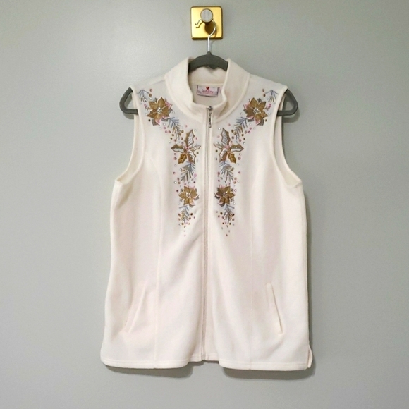 Quacker Factory Women Zip Fleece Vest Winter White Poinsettia Holiday Christmas - Picture 1 of 13